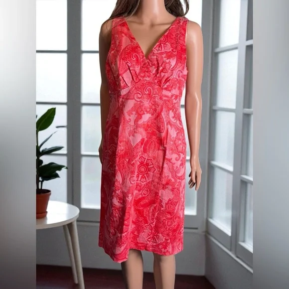 Jones New York. Pink Paisley Cotton Sheath Dress. Signature Stretch. Size M - Picture 7 of 7